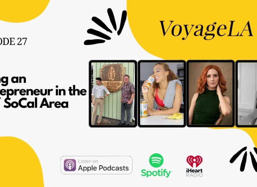 Group photo of Daisi Pollard Sepulveda alongside other panelists for the VoyageLA podcast episode about entrepreneurship in Los Angeles. From left to right: Emily Phelps, Kat Jones, Daisi Pollard Sepulveda, John Flanagan, and Jonathan Clough.