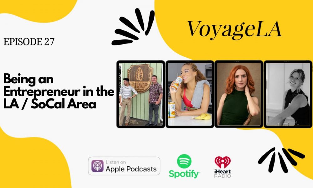 Group photo of Daisi Pollard Sepulveda alongside other panelists for the VoyageLA podcast episode about entrepreneurship in Los Angeles. From left to right: Emily Phelps, Kat Jones, Daisi Pollard Sepulveda, John Flanagan, and Jonathan Clough.